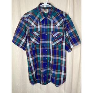 1980s Ely Cattleman Blue Red Plaid Cowboy Western Rodeo Pearl Snap Shirt XXL